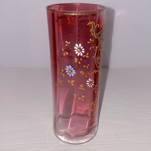 Vintage Hand Blown Cranberry Glass Hand Painted 3D Floral Single Bud Vase - Picture 1 of 9